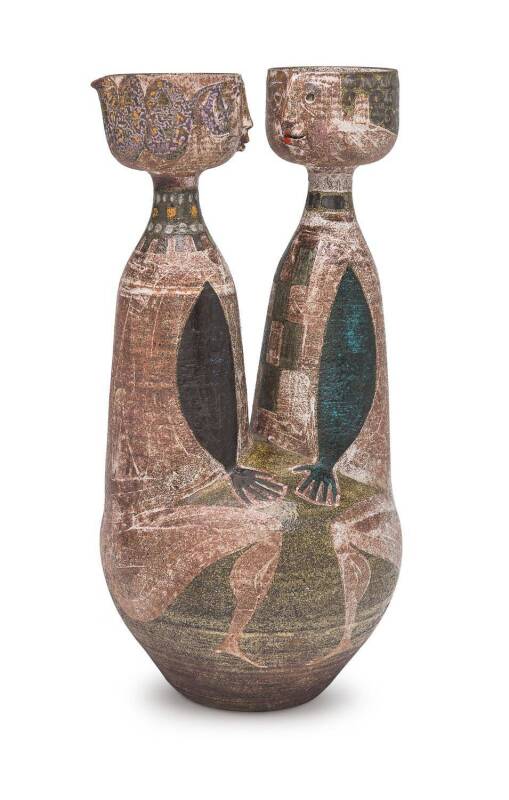 ALEXANDER LECKIE: Stoneware two headed sculpture with hand painted finish, inscribed signature on the side