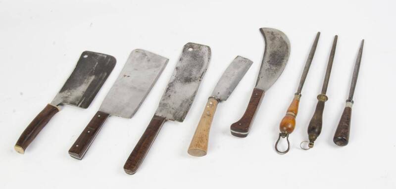 A group of 5 kitchen cleavers and knives & 10 kitchen & butchers steels. (15 items).