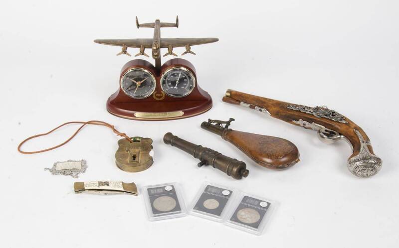 Desk barometer, powder flask, decanter labels, coins, pocket knife etc. (17 items).