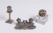 A collection of three French champlevé enamel inkwells