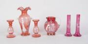 Assorted Mary Gregory ruby glass vases & jug, 19th & 20th Century. Tallest 28cm. 