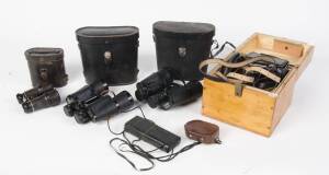 REMAINS OF COLLECTION: Binoculars (6), explosimeter in box, etching & framed instructions, camera equipment & cutlery (32+ items). 