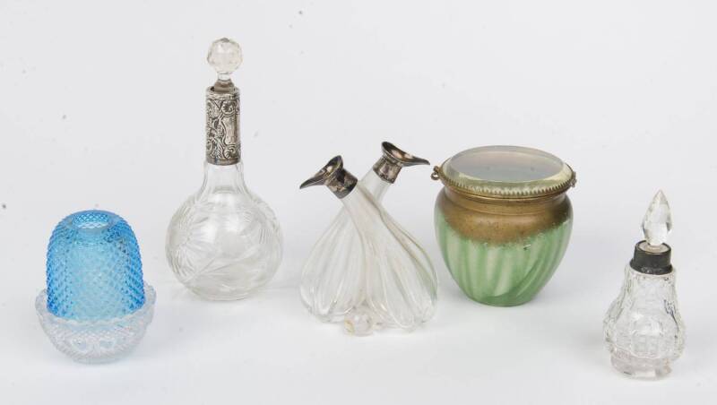 Silver mounted bottles, Clark fairy light & Worcester porcelain vanity jar with top. Tallest 18cm. (5 Items)