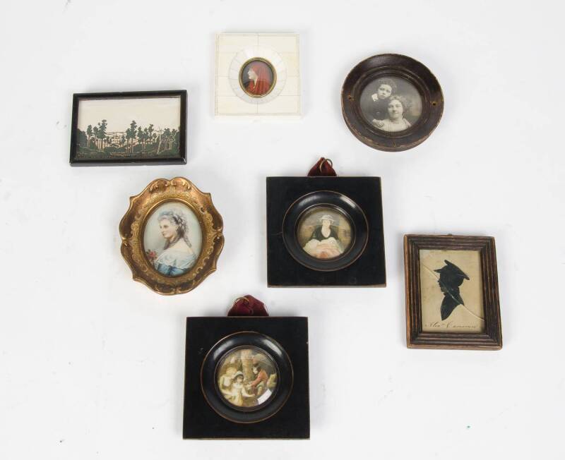 A group of 7 assorted framed miniatures including piano ivory frame, woodblock & portraits. 