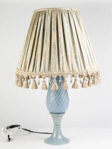 A gold splashed blue Murano glass lamp and brocade shade, 20th Century