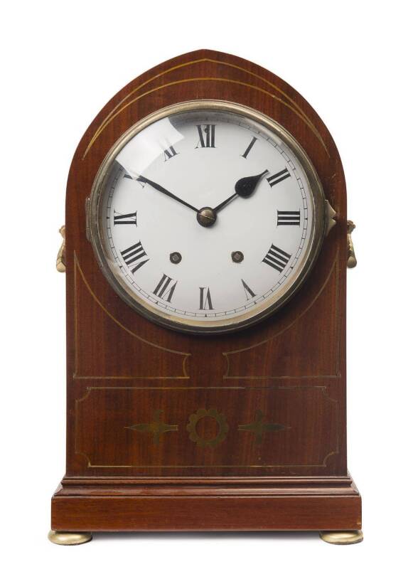 An Edwardian bracket clock with walnut case with inlaid brass decoration. 36cm. 