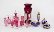 A collection of assorted ruby & cobalt blue glass ware including Murano & English, 19th & 20th Century. Lustre vase: 37cm. (15 items).