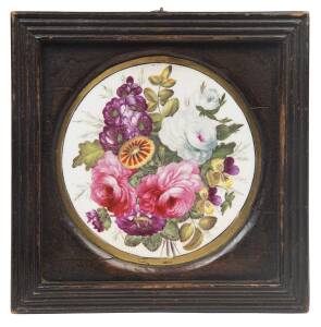 Two hand painted floral porcelain plaques one signed E. James, 12 & 18cm diameter 