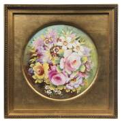 Two hand painted floral porcelain plaques one signed E. James, 12 & 18cm diameter  - 2