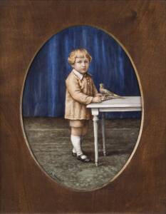 A hand painted portrait of a boy on porcelain, circa 1900, housed in a timber frame. The plaque: 24 x 17.5cm. 