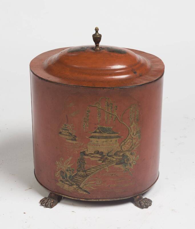 An antique chinoiserie decorated red toleware coal bin. 52cm high, 36cm wide, 30cm deep. 