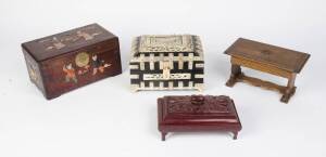 A Chinese jewel box, Anglo-Indian box, miniature oak table & carved timber jewel box. Chinese box: 15cm high, 31cm wide, 18cm deep. (4 items)