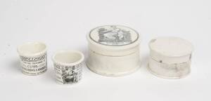 Holloway's Pratt ware advertising ointment jars (3), plus one other jar. Mixed condition.