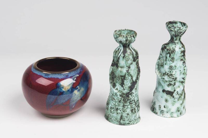 An Australian studio pottery vase and a pair of studio pottery candlesticks. Candles 20cm. 