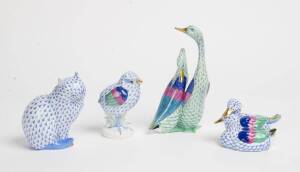 A collection of four Herrend porcelain animals and an Italian blue and white vase, 20th Century. The vase 36cm high