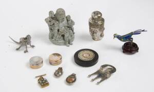 REMAINS OF COLLECTION; Chinese compass, Eastern opium bottles, statues, pill boxes, chain & cameo. (13 items).