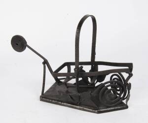 A French wrought iron mechanical wine bottle pourer. 32cm high, 43cm wide, 16cm deep. 