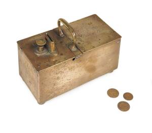 A brass cash box inscribed "Ye Wagon & Horses. Sheperds Shore. Marlboro", used for the collection of payments for passage on the local coach, English, early 19th Century. Together with a collection of old pennies & 18cm high, 24cm wide, 12cm deep