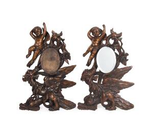 A pair of antique European cupid & griffins carved timber framed mirrors, 19th Century