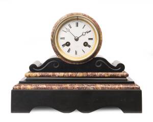 A French mantel clock in slate & rouge marble case, 19th Century, with key and pendulum. 19.5cm high, 25cm wide, 12cm deep