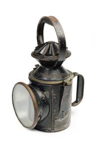 Railway lantern, black painted finish with red & green rotating lens, late 19th Century. 31cm