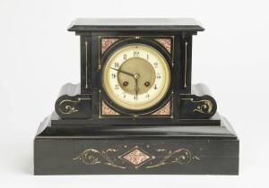 An antique mantel clock, black slate & rouge marble with gilded highlights. 26cm high, 35.5cm wide