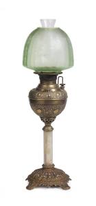 An antique Miller oil lamp with brass front & base, onyx column & acid etched green glass shade. 65cm.