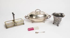 Silver plated tureen, vase, savory dish & spoon 