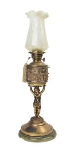 A kerosene banquet lamp with gilt bronze figured base, embossed brass font, yellow vaseline glass shade & onyx stone base, 19th century