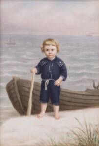 A German porcelain framed panel painted with a young boy dressed in a sailor's costume, 16 x 11 cm