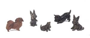 A group of 5 cast metal miniature dog statues including Austrian cold painted spelter. Tallest 6cm. 