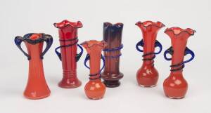 A group of 6 Czechoslovakian red and blue art deco glass vases. Tallest 23cm. 