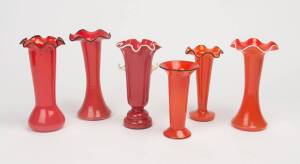 A group of 6 Czechoslovakian red art deco glass vases. Tallest 21cm. 