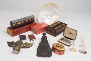 Remains of collection, including antique letter clip, spectacles, cigarette lighters, carved shell, pocket knife, antique key, cribbage board, toy trains etc. 34 pieces 