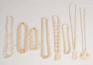 Collection of carved ivory & bone necklaces, early to mid 20th century. Note nice Taj Mahal pendant. Good condition.