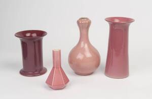 Group of 4 English pottery pink and burgundy glazed vases