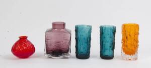 A group of 5 coloured art glass vases including Baxter Whitefrars, mid 20th Century. Tallest 15cm.