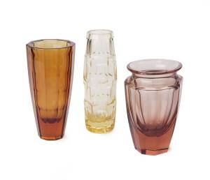 Three art deco glass vases most likely Moser & Bohemian, early to mid 20th Century. Tallest 19.5cm. 