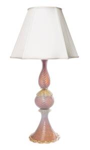 A Murano pink glass table lamp with gold inclusions, with pleated white shade. Base 61cm 