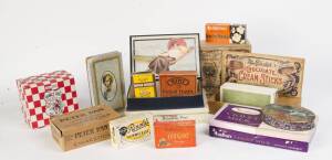 Collection of vintage advertising boxes, noted attractive Keen's Mustard wooden box. Condition varies.