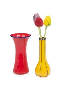 Three glass tulips & two Bohemian art deco glass vases, one with silver rim.