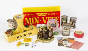 Watkins Inc. (USA) collection, noted point of sale 12 bottle cruet set; popcorn pail; various tins, bottles & some ephemera. Inspection will reward.