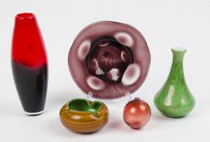 A Murano glass bowl, vases & ashtray, mid 20th Century. (5 items). Tallest 29cm. 