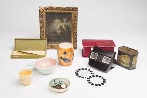 A group of 4 pieces of Australian pottery, including Martin Boyd, view master and slides, European oil painting on cigar box lid, collection of opal specimens, money box, playing cards & a Parker pen Inspection a must 