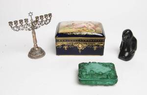 Remains of collection: Royal Vienna porcelain jewellery casket (11cm high), continental silver menorah (19cm), malachite glass jewellery box (Bohemian), an Inuit stone figure (12cm).