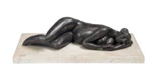 A bronze reclining female nude on marble base. Length 40cm