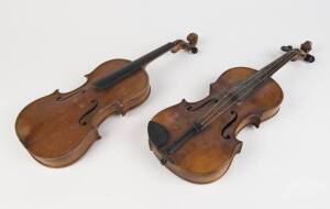 Two antique violins, most likely Bohemian trade, 19th Century, with one bow 