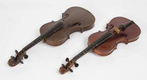 Two training violins and 7 assorted bows. 