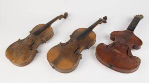 A group of 5 assorted string instruments including 4 violins, 2 bows, 2 cases & a Bowed Zither. 