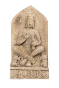 Marble seated Buddha sculpture nicely carved in a Longmen style with left hand holding a sutra and right hand in "Fear Not" mudra. 20th Century. 60.5cm